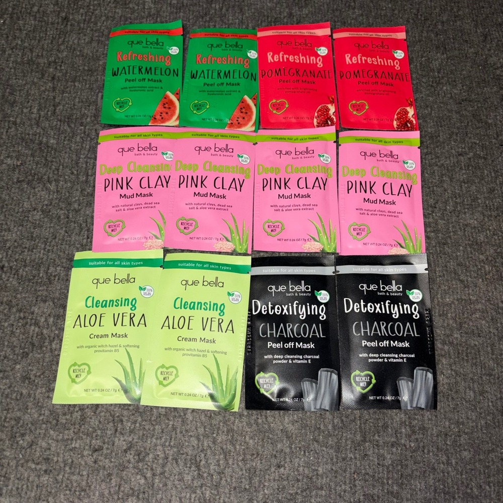 Que Bella Face Mask Lot 12 Watermelon Pomegranate Pink Clay Aloe Charcoal Vegan